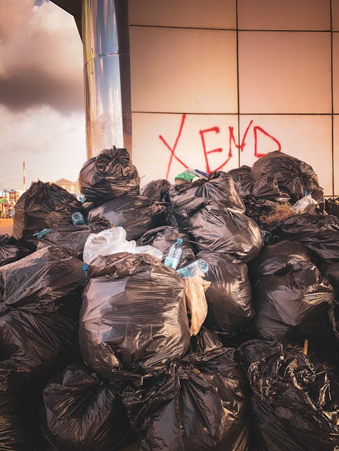 A sanitation worker dressed in a blue uniform with an orange high-visibility vest is seen operating a blue wheelie bin, which he is positioning near the open rear hopper of a large white rubbish colle